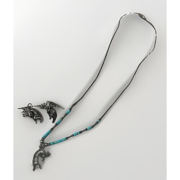 VTG Native American Turquoise & Sterling Silver Kokopelli Necklace Earring Set - Picture 6 of 15